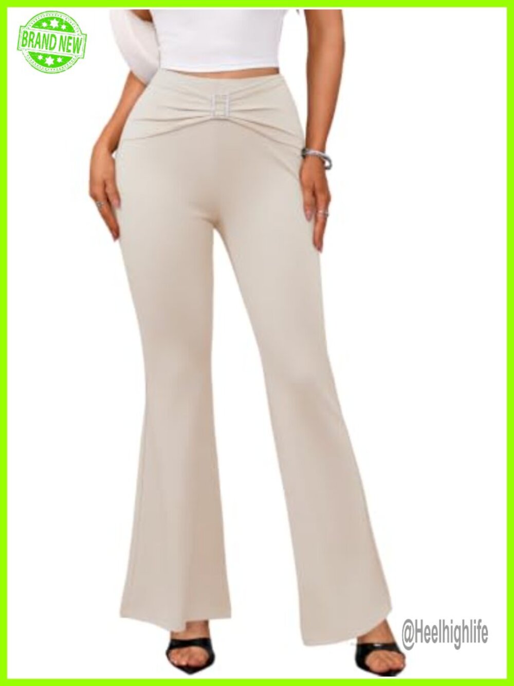 Womens High Waisted Flare Pants Rhinestone Buckle Ruched Twist Tummy Control